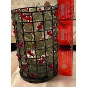 Holiday/Christmas Pillar Candle Holder. Black metal/wire design leaves/berries